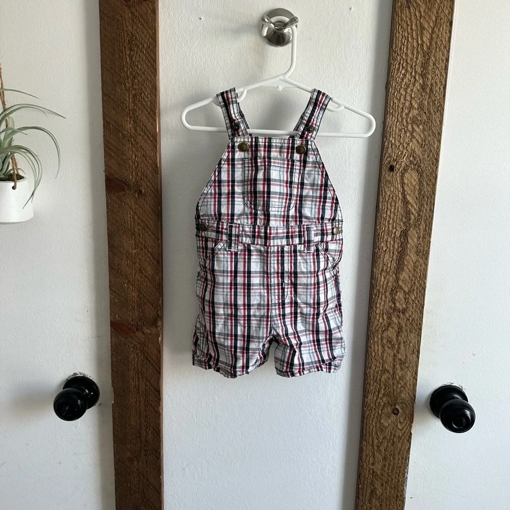 Y2K Gymboree Baby Boy Plaid Red White Blue Overalls Shortalls 6-12 M 100% Cotton